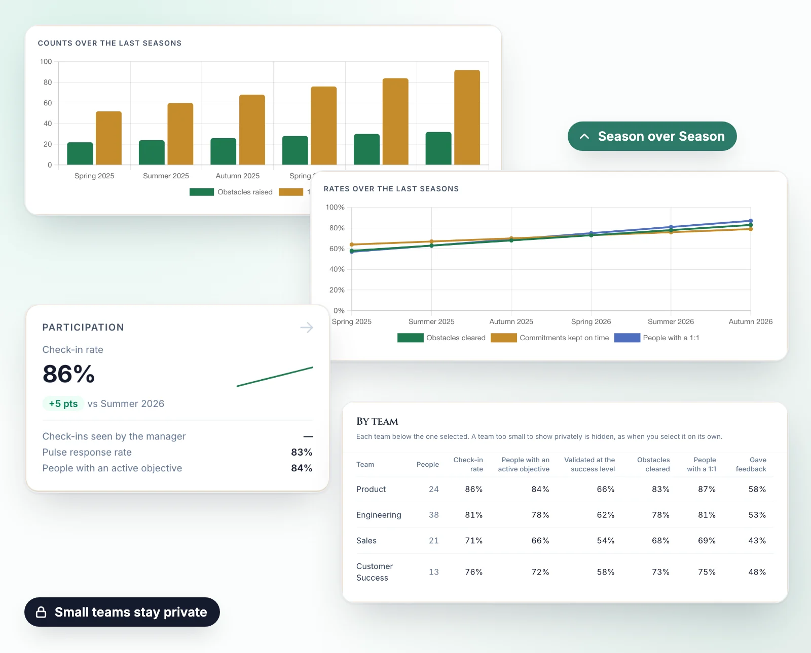 Growth analytics: counts and rates over the last Seasons, the participation summary and the comparison by team.