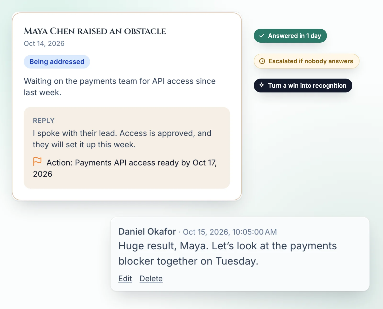 A member's check-in (mood, a win and an obstacle) next to the manager's reply and the "Recognize this win" action.