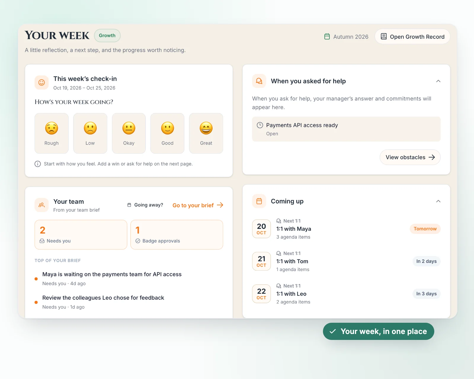 Your week in MeritForge Growth: this week's check-in, the team brief and upcoming 1:1s