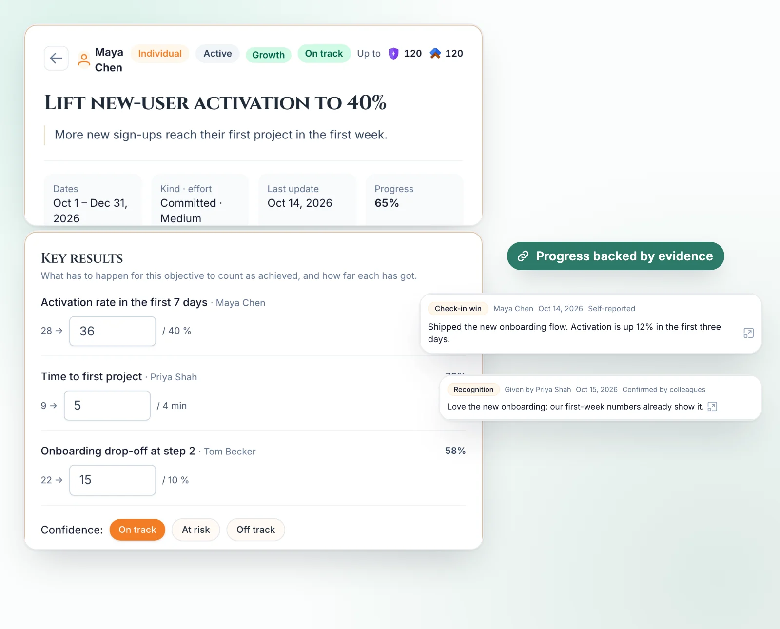 The objectives page with company, team and personal objectives, key-result progress and the evidence behind one of them.