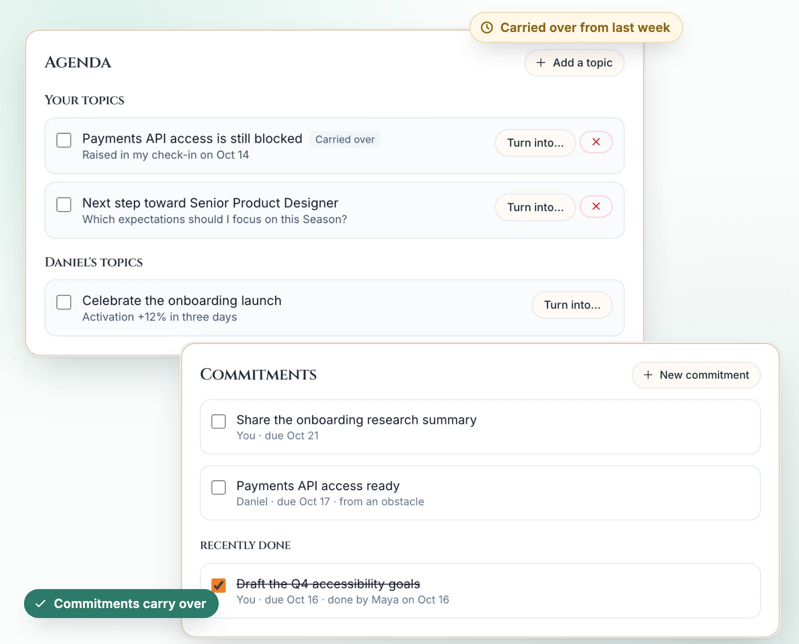 A 1:1 page: the shared agenda with suggested topics, notes and the commitments carried over from last time.