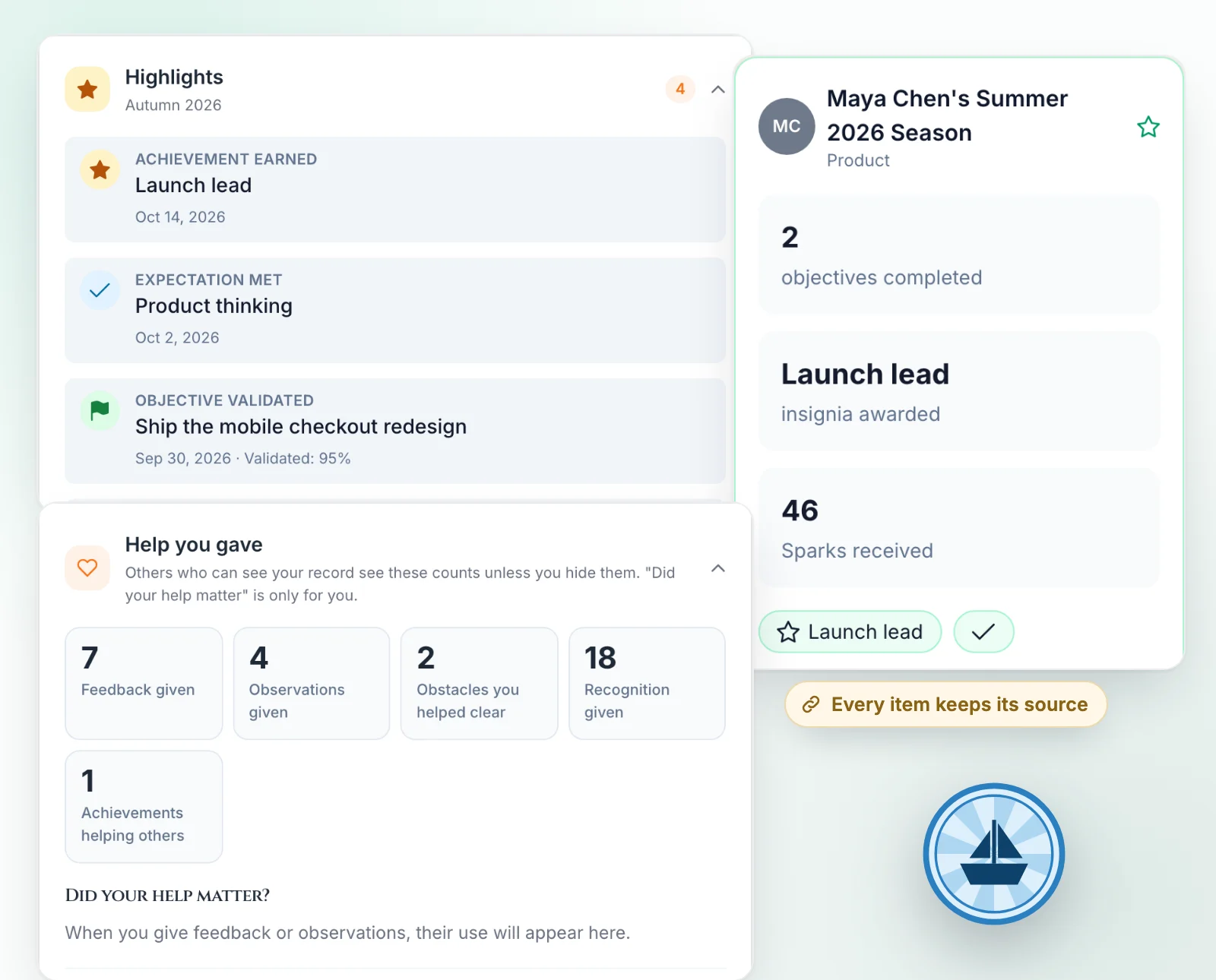 A person's Growth Record: Season highlights, evidence with its sources and the Season recap.