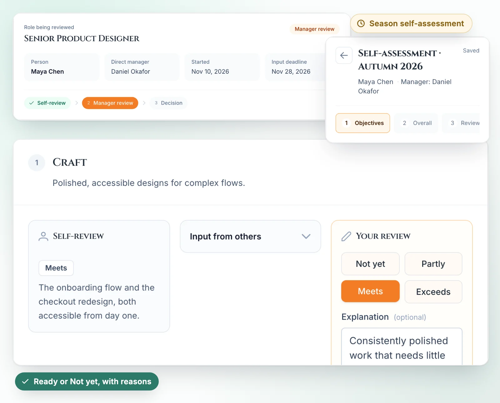 A readiness review for Senior Product Designer: the self-review next to the manager's rating, with the Season self-assessment on top.